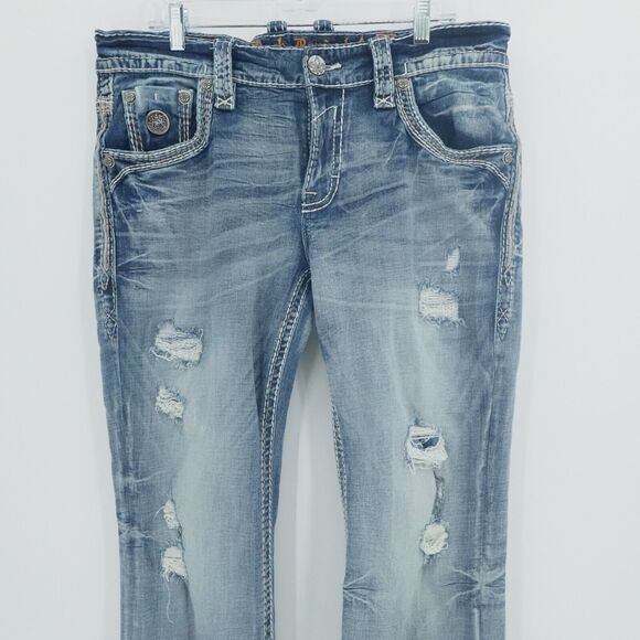Rock Revival Jeans Men 36x29 Blue Kenn Slim Boot Western Rockabilly Distressed - Picture 7 of 14
